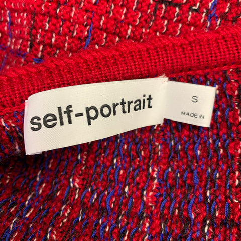 SELF-PORTRAIT AW22 Size S Red Blue Wool Blend Windowpane Cardigan Mini Dress