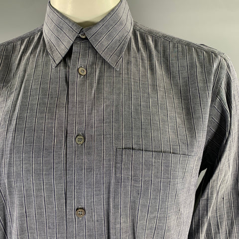 BRIONI Size L Navy Grey Stripe Linen Blend Pointed Collar Long Sleeve Shirt