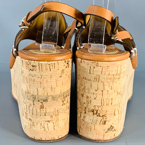 RALPH LAUREN Size 10 Tan Beige Leather Slingback Platform Wedge Sandals