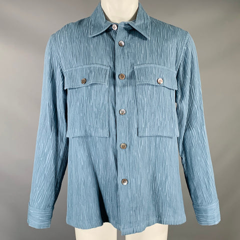 TAAKK Size M Blue Textured Wavy Lines Cotton Blend Worker Jacket