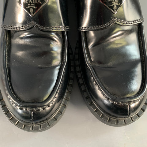 PRADA Size 12 Black Silver Logo Leather Split Toe Slip On Loafers