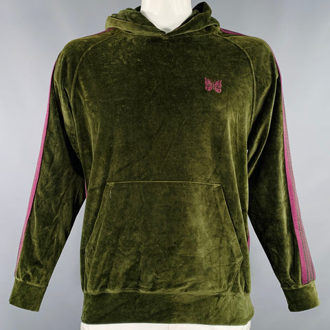 NEEDLES Size L Green Purple Velvet Cotton Blend Hooded Sweatshirt