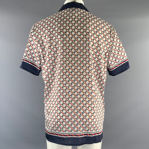 GUCCI Size 38 White Navy & Red Monogram Silk Camp Short Sleeve Shirt