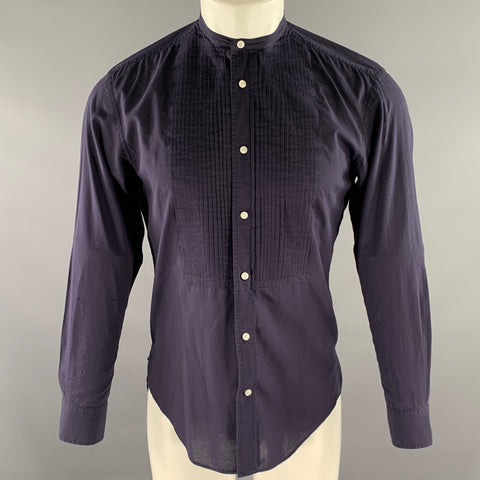 RALPH LAUREN Size S Navy Pleated Cotton Band Collar Long Sleeve Shirt