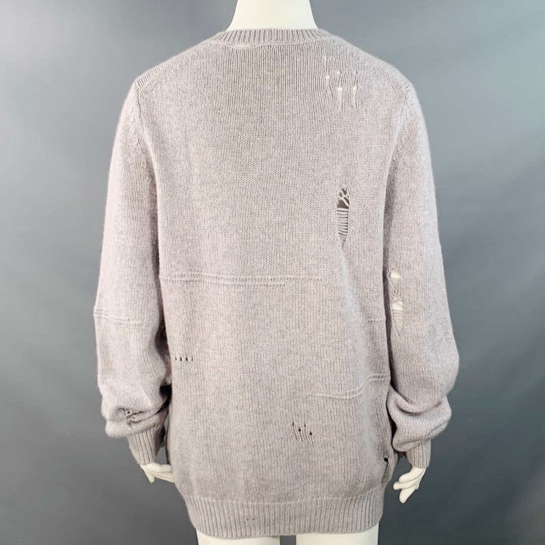 HELMUT LANG Size L Light Grey Wool Yak Cashmere Knit Distressed Crew Neck Sweater