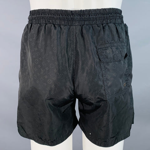 LOUIS VUITTON Size M Black Logo Nylon Drawstring Swim Trunks