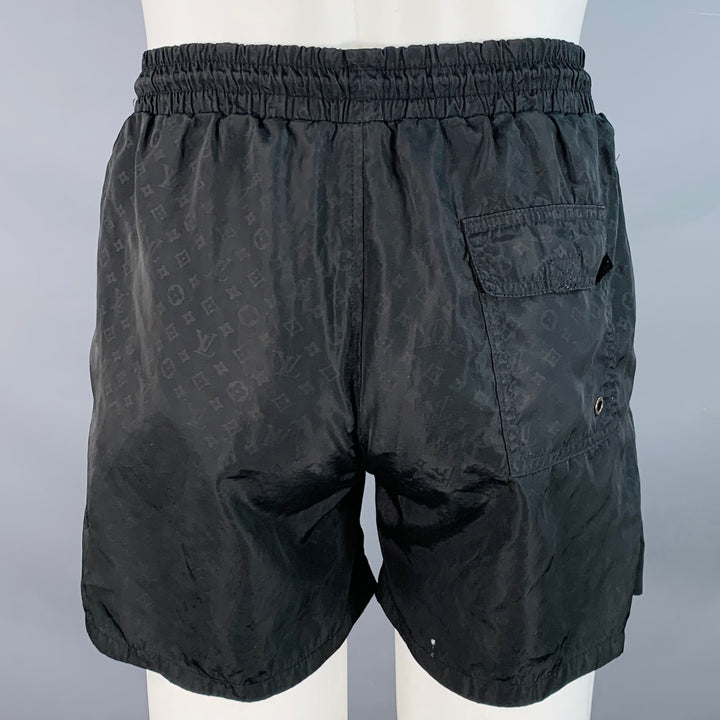 LOUIS VUITTON Size M Black Logo Nylon Drawstring Swim Trunks