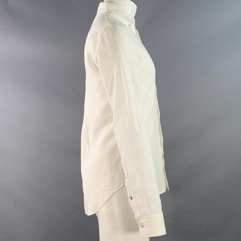 BURBERRY BRIT Size S White Taupe Contrast Stitch Button Down Collar Linen Long Sleeve Shirt