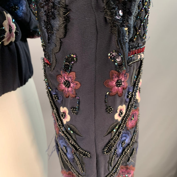 NEEDLE AND THREAD Size 4 Navy Burgundy White Embroidered Floral Bomber Jacket