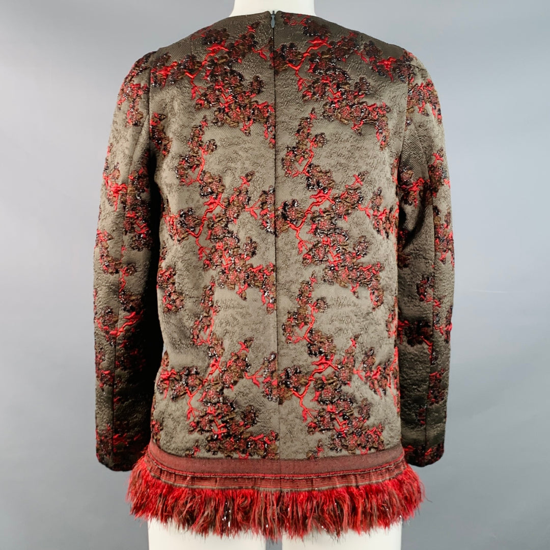 DRIES VAN NOTEN Size M Brown Red Jacquard Brocade Fringed Dress Top
