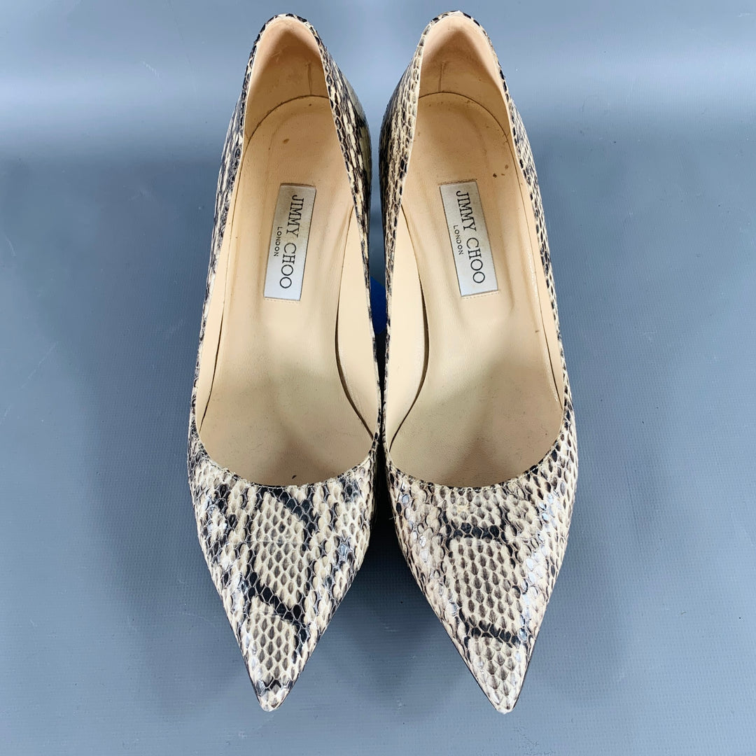 JIMMY CHOO Size 11 Grey Cream Python Skin Kitten Heel Pumps