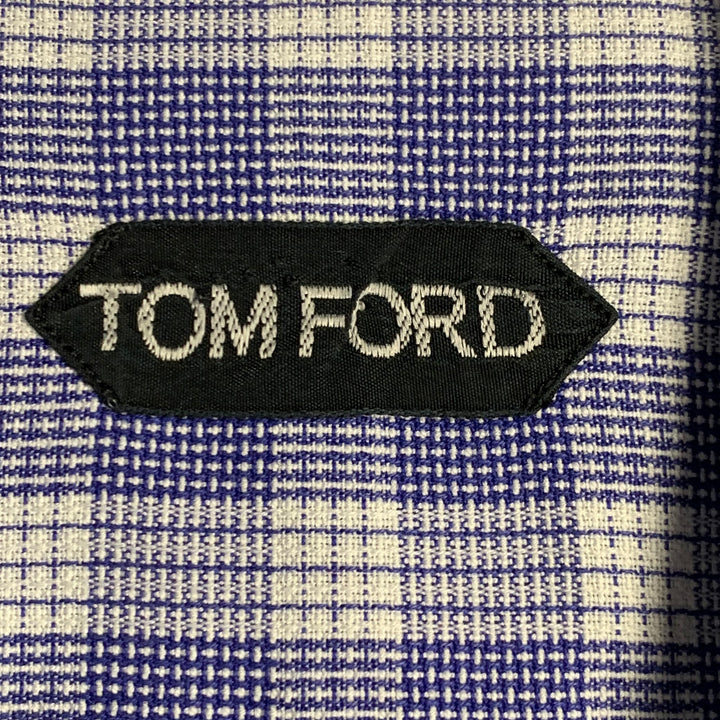 TOM FORD Size L Blue White Plaid Cotton Curved Cutaway Long Sleeve Shirt