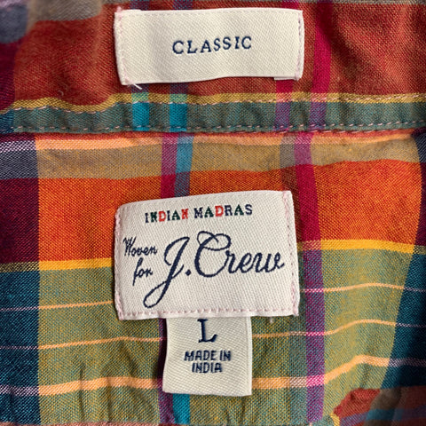 J.CREW Size L Multi Color Cotton Madras Classic Short Sleeve Shirt