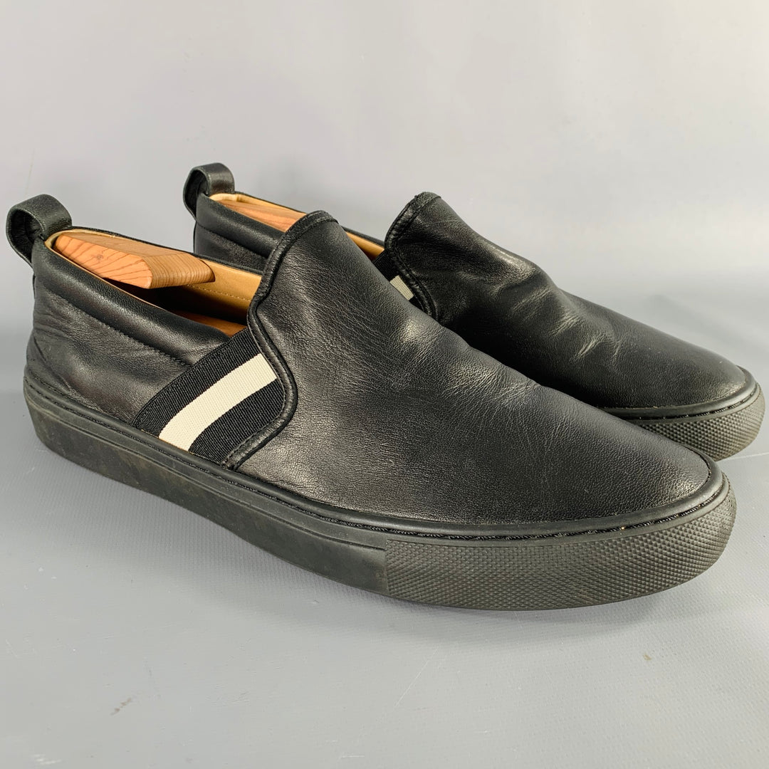 BALLY Size 9.5 Black White Stripe Leather Slip On Loafers