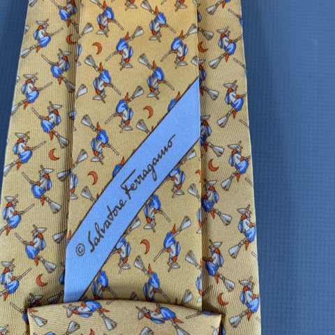 SALVATORE FERRAGAMO Halloween Witches Yellow Multi Color Print Silk Tie