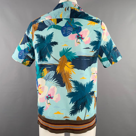 VALENTINO Size M Blue Multi Color Print Cotton Two Pockets Short Sleeve Shirt