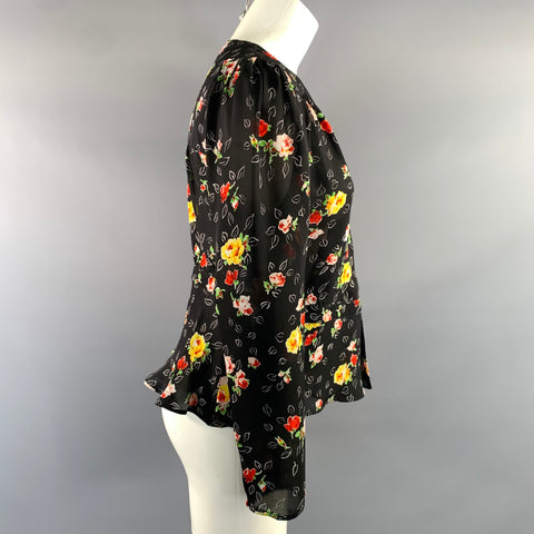 VERONICA BEARD Size 8 Black Multi Color Silk Floral V Neck Casual Top
