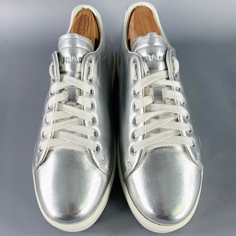 PRADA Size 7.5 Metallic Silver Leather Platform Sneakers