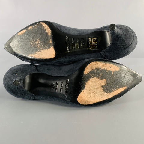 SERGIO ROSSI Size 6.5 Navy Suede Perforated Kitten Heel Pumps