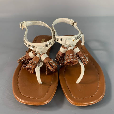 PRADA Size 6.5 Brown White Leather Studded Thong Sandals