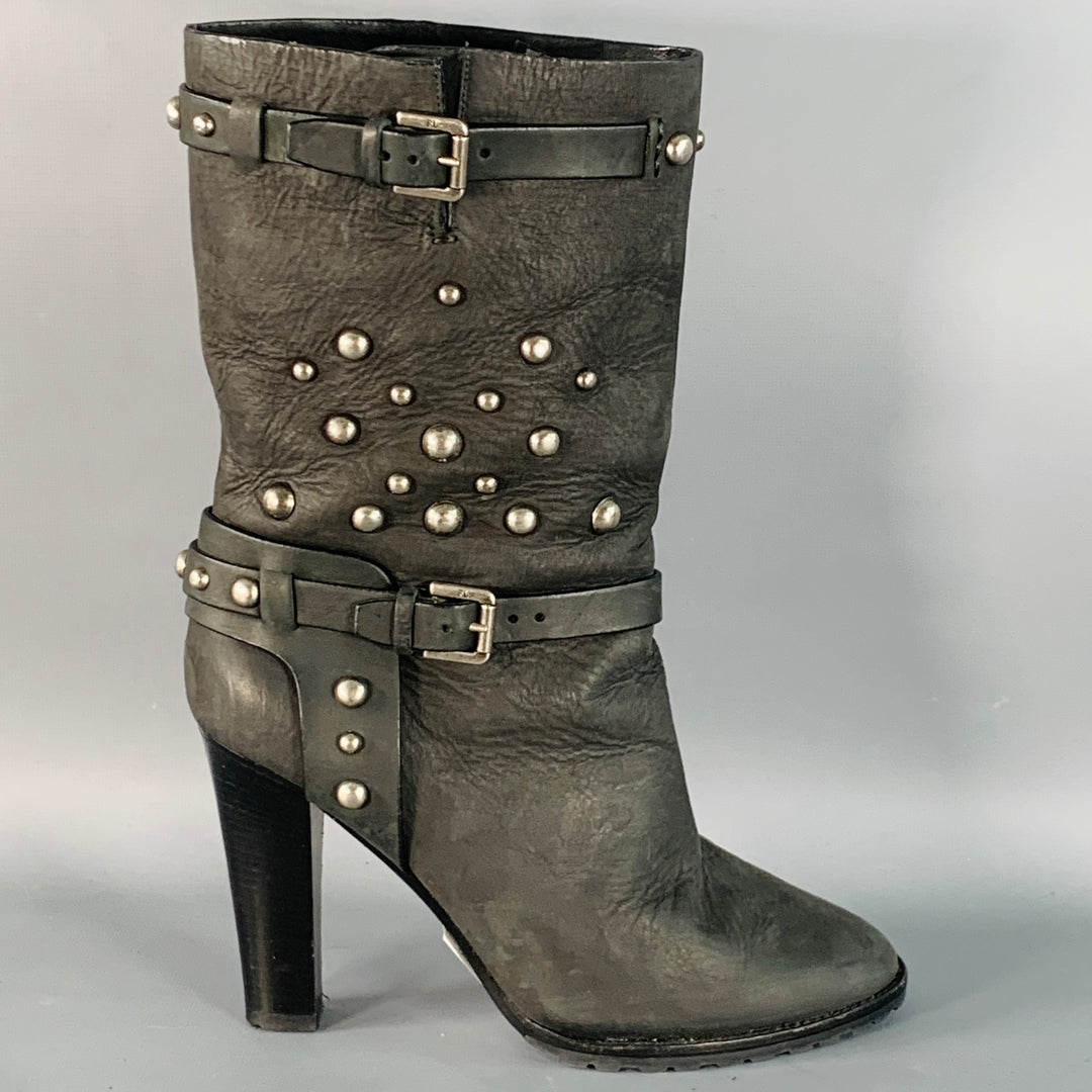 RALPH LAUREN COLLECTION Size 8.5 Black Studded Stacked Heel Pull On Boots