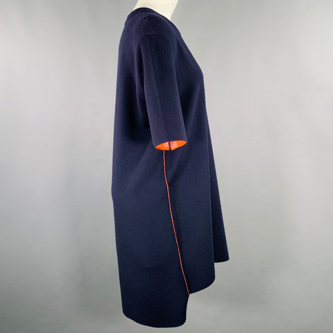 DKNY Size M Navy Orange Merino Wool Contrast Trim Short Sleeve Dress