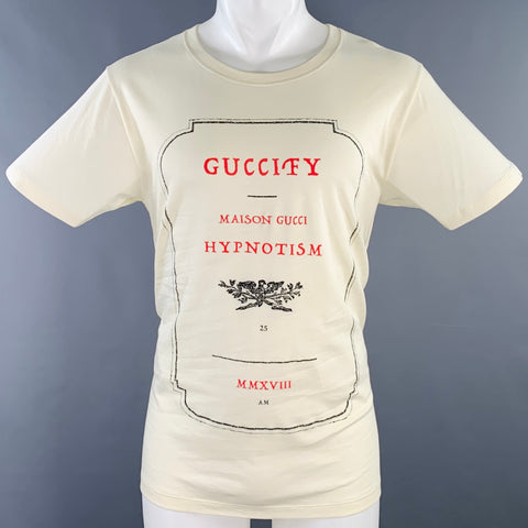 GUCCI Size S Guccify Hypnotism Cream Red Black Print Cotton Crew Neck T-shirt