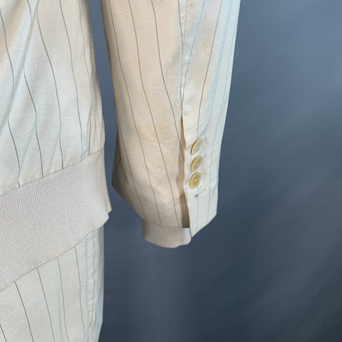 GAULTIER 2 Vintage Size 38 Beige Grey Pinstripe Wool Silk Single Button Hooded Suit