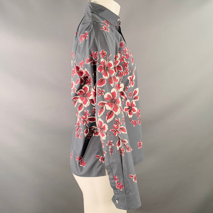 VALENTINO Size S Grey Magenta Floral Cotton One Pocket Button Up Long Sleeve Shirt