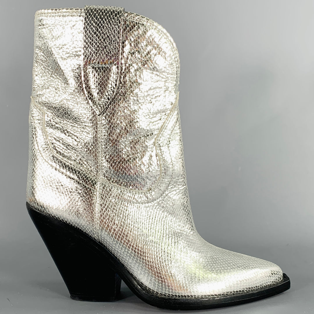 ISABEL MARANT Size 7 Silver Leather Textured Snake Embossed Leather Western Boots