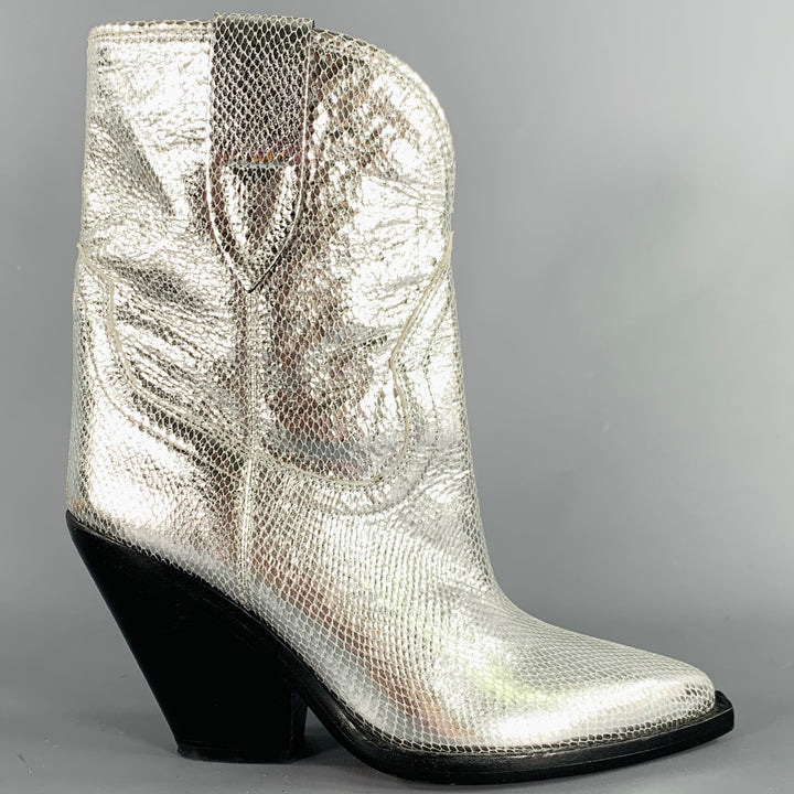 ISABEL MARANT Size 7 Silver Leather Textured Snake Embossed Leather Western Boots