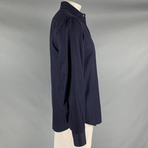 SALVATORE FERRAGAMO Size L Navy Dots Cotton Button Up Long Sleeve Shirt