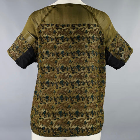 DRIES VAN NOTEN Size 8 Green Black Silk Embroidered Short Sleeve Casual Top