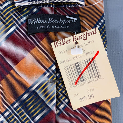 WILKES BASHFORD Burgundy Orange Plaid Silk Tie