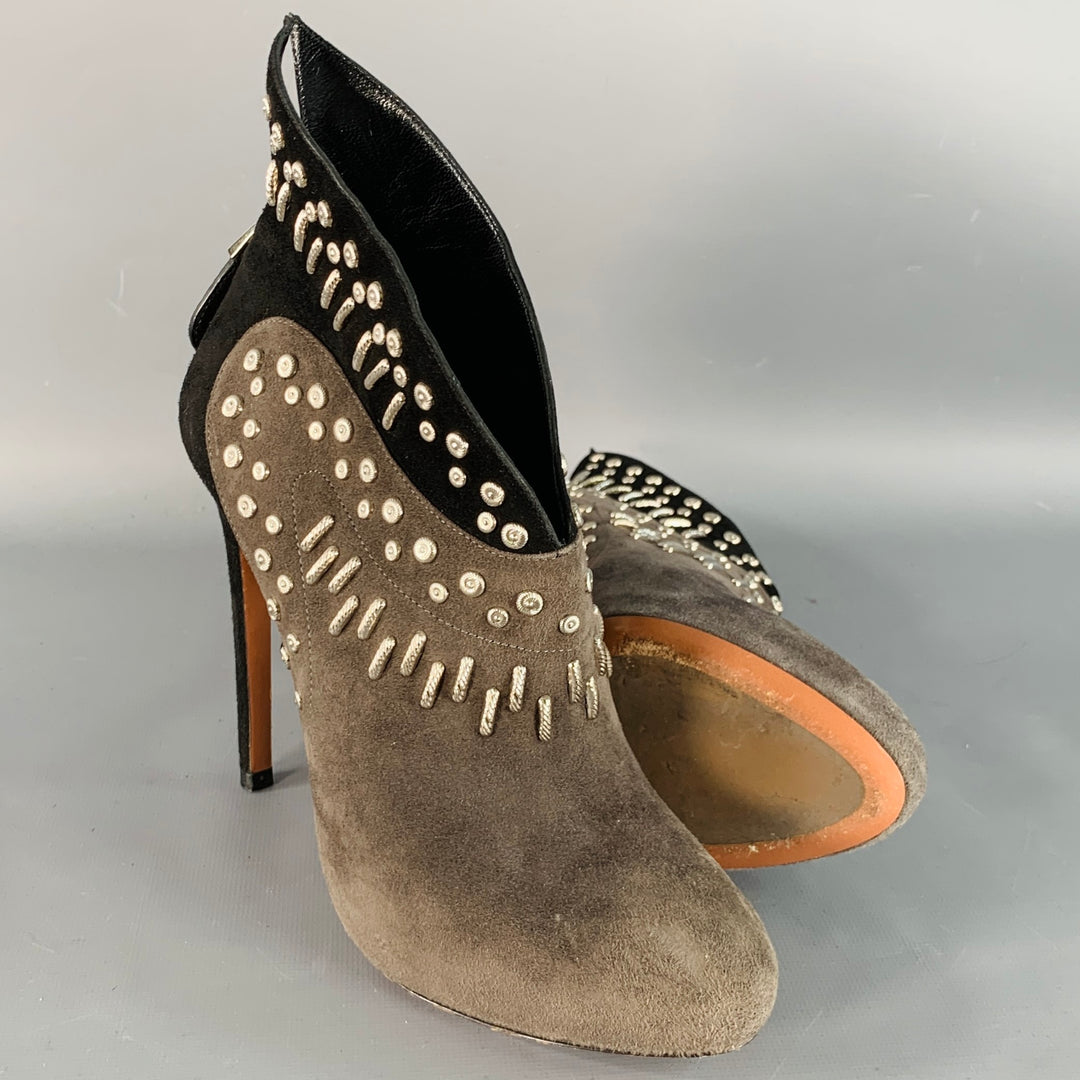 ALAIA Size 7.5 Black Grey Studded Suede Back Zipper Stiletto Booties