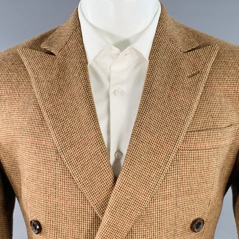 RALPH LAUREN Size 38 Regular Tan Brown Houndstooth Cashmere Peak Lapel Double Breasted Sport Coat