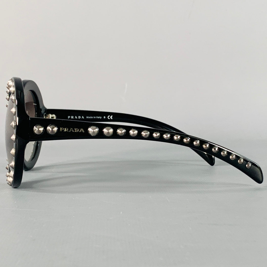 PRADA Black Silver Studded Acetate Oversized Round Sunglasses