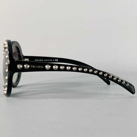 PRADA Black Silver Studded Acetate Oversized Round Sunglasses