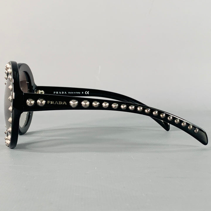 PRADA Black Silver Studded Acetate Oversized Round Sunglasses