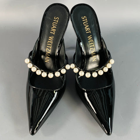STUART WEITZMAN Size 7.5 Black Patent Leather Faux Pearl Pointed Toe Pumps