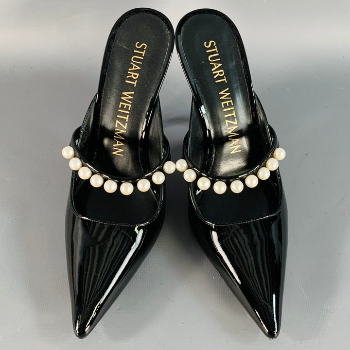 STUART WEITZMAN Size 7.5 Black Patent Leather Faux Pearl Pointed Toe Pumps
