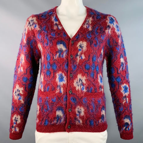 BEAMS Size M Burgundy Blue Abstract Floral Nylon Blend Knit V-Neck Cardigan