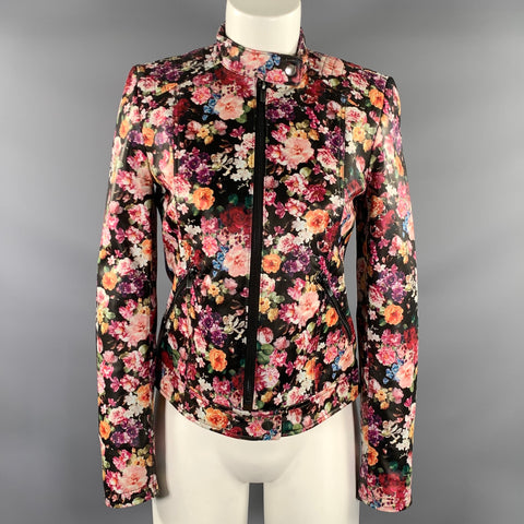 NEIMAN MARCUS Size XS Black Multi-Color Leather Floral Biker Jacket Outdoor