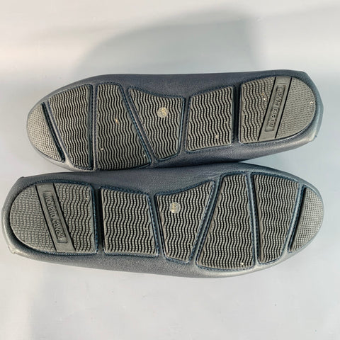 ROBERTO CAVALLI Size 11.5 Navy Silver Logo Embroidery Leather Drivers Loafers