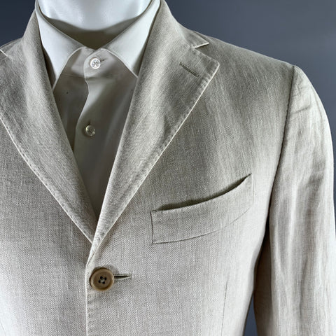 SALVATORE FERRAGAMO Size 38 Cream Herringbone Linen Sport Coat