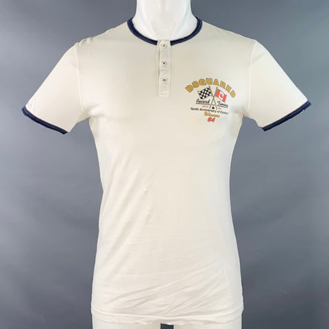 DSQUARED2 Size S White Navy Print Contrast Trim Cotton Henley T-shirt