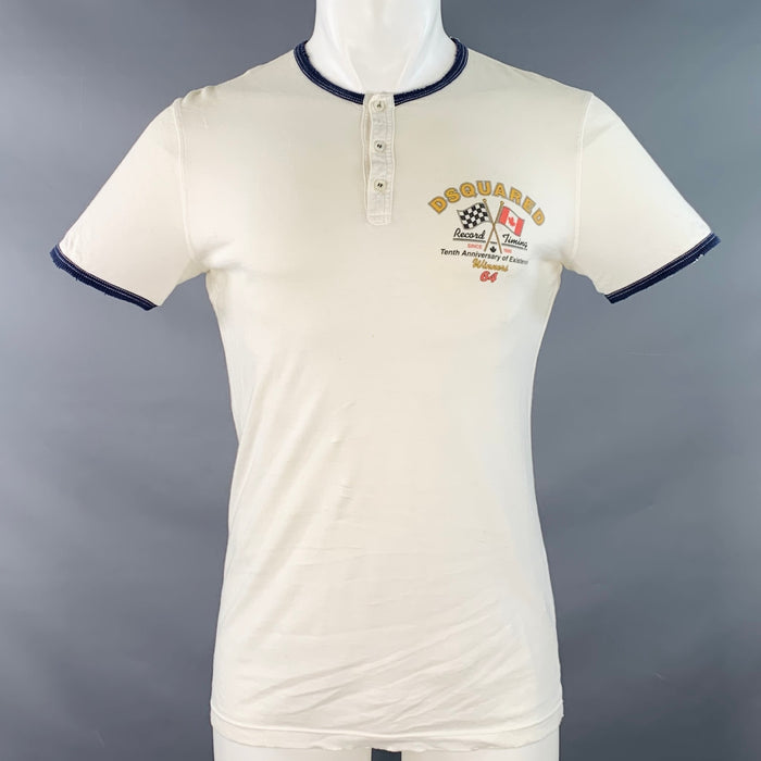 DSQUARED2 Size S White Navy Print Contrast Trim Cotton Henley T-shirt