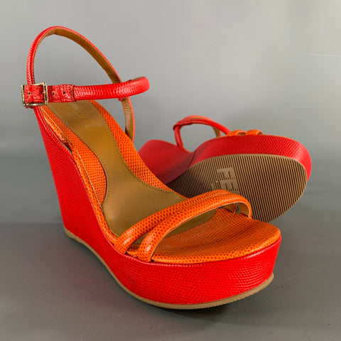 FENDI Size 7 Red Orange Leather Color Block Embossed Wedge