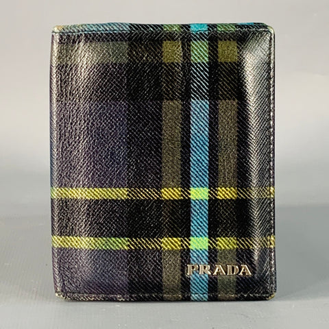 PRADA Green Blue Yellow Plaid Saffiano Leather Card Case Wallet