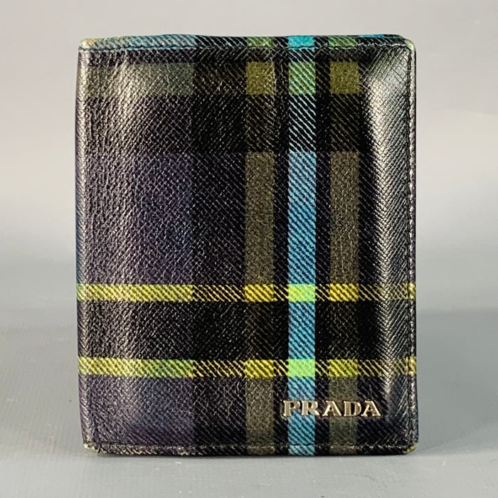 PRADA Green Blue Yellow Plaid Saffiano Leather Card Case Wallet